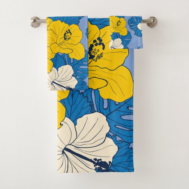 Hibiscus flowers and leaves  bath towel set (Insitu)