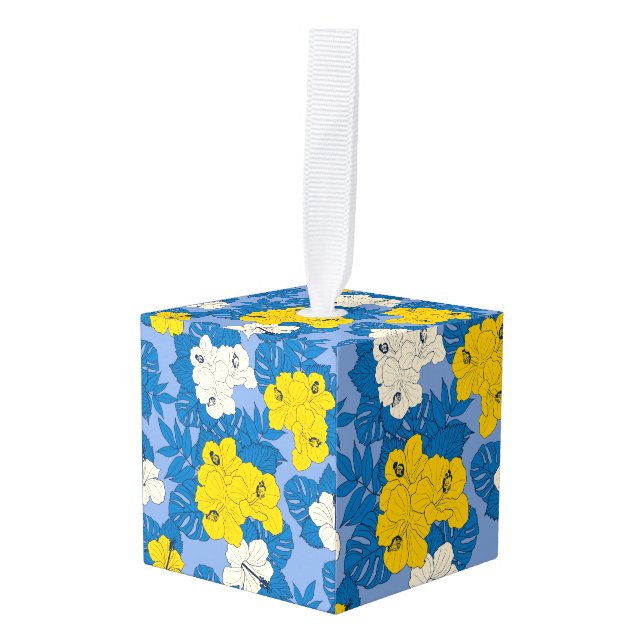 Hibiscus flowers and leaves  cube ornament (Front Angled)