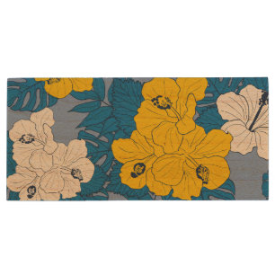 Hibiscus flowers and leaves  wood flash drive