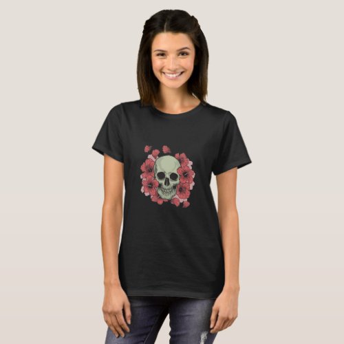 Hibiscus Flowers and Skull T_Shirt