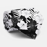 Hibiscus Flowers Black White Hawaiian Wedding Neck Tie