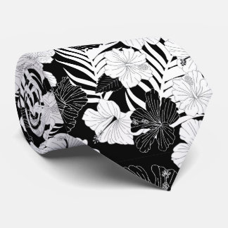 Hibiscus Flowers Black White Hawaiian Wedding Neck Tie