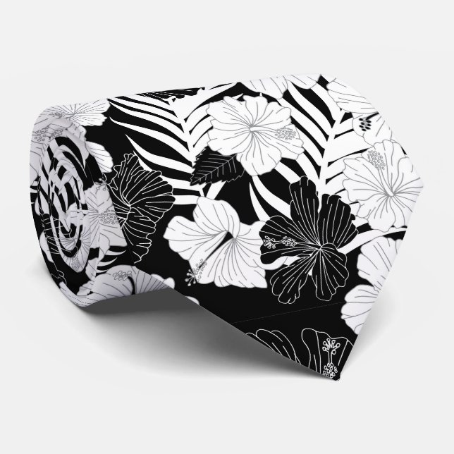 Hibiscus Flowers Black White Hawaiian Wedding Neck Tie (Rolled)
