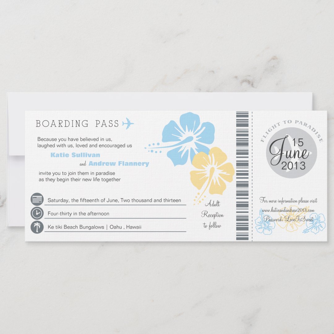 Hibiscus Flowers Boarding Pass Wedding Invitation | Zazzle