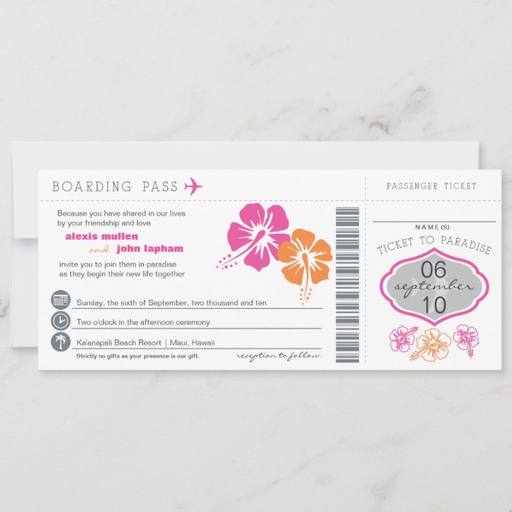 Hibiscus Flowers Boarding Pass Wedding Invitation | Zazzle