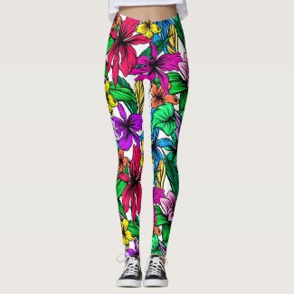 Hibiscus flowers, colorful floral pattern, nature leggings