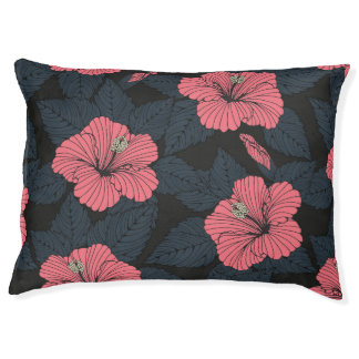 Hibiscus flowers: dark seamless wallpaper. pet bed