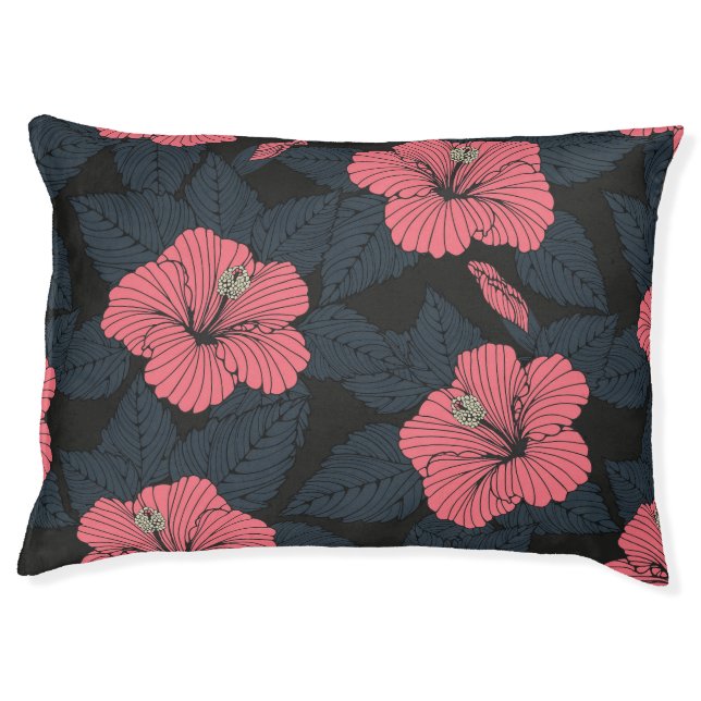 Hibiscus flowers: dark seamless wallpaper. pet bed (Front)
