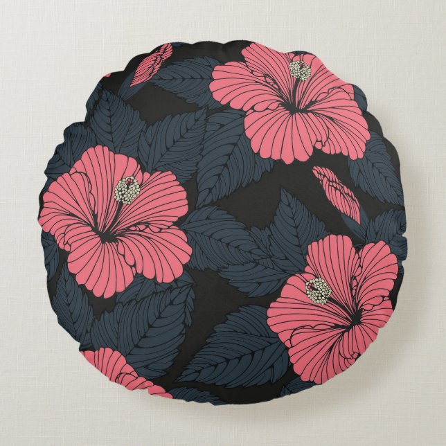Hibiscus flowers: dark seamless wallpaper. round pillow (Front)