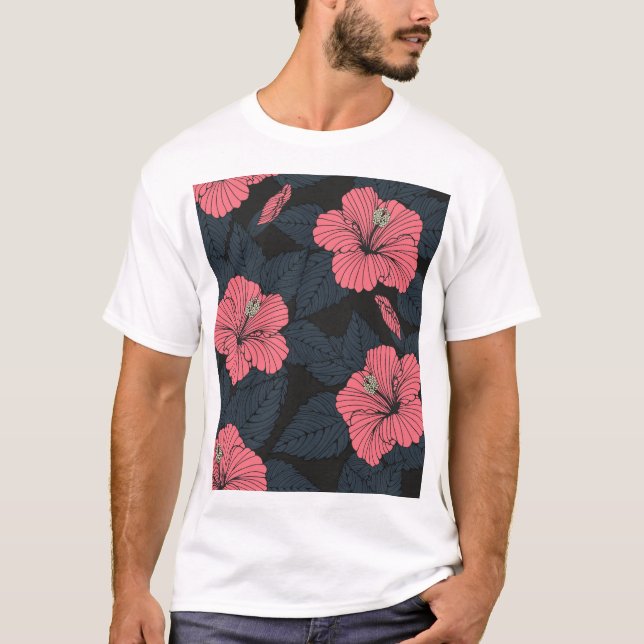 Hibiscus flowers: dark seamless wallpaper. T-Shirt (Front)