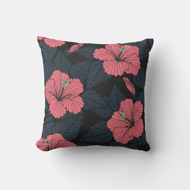 Hibiscus flowers: dark seamless wallpaper. throw pillow (Front)
