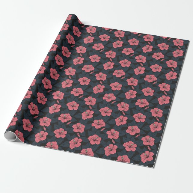 Hibiscus flowers: dark seamless wallpaper. wrapping paper (Unrolled)