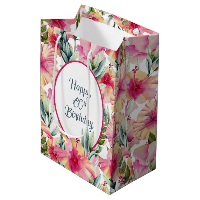 Hibiscus Flowers for 60th Birthday Medium Gift Bag (Front Angled)