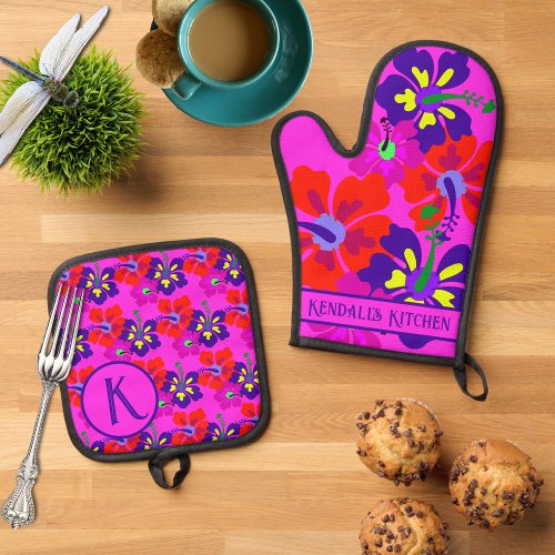 Hibiscus Flowers Hot Pink Personalized Oven Mitt  Pot Holder Set