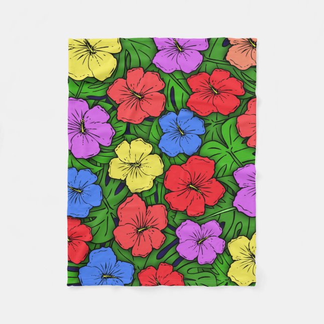 Hibiscus Flowers & Monstera Leaves Fleece Blanket (Front)