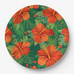 Hibiscus Flowers Red Orange Green Jungle Foliage Paper Plates