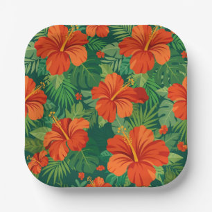 Hibiscus Flowers Red Orange Green Jungle Foliage Paper Plates