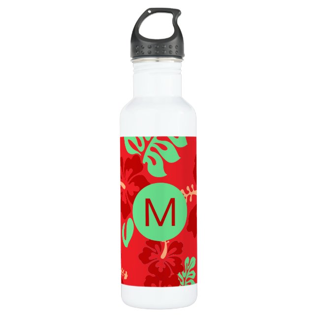 Hibiscus Flowers Red Troical Pattern Monogram Stainless Steel Water Bottle (Front)