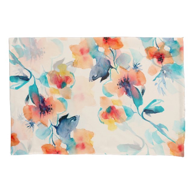 Hibiscus Flowers: Watercolor Illustration Pattern Pillow Case (Front)
