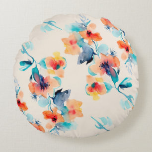 Hibiscus Flowers: Watercolor Illustration Pattern Round Pillow