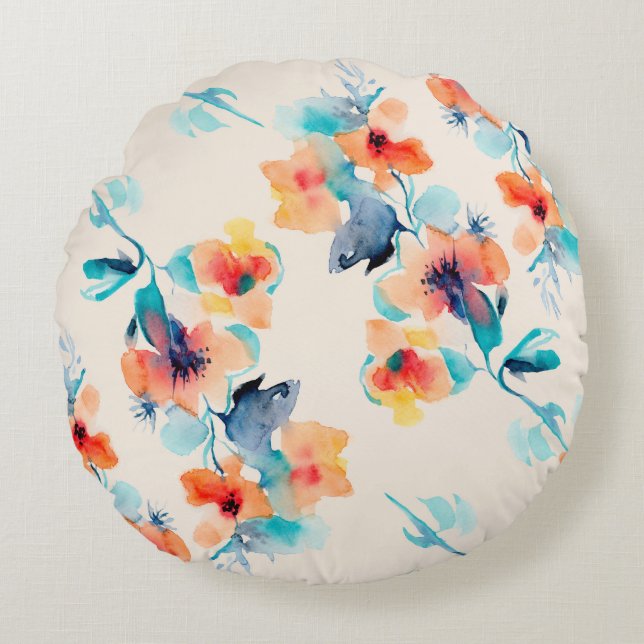 Hibiscus Flowers: Watercolor Illustration Pattern Round Pillow (Front)
