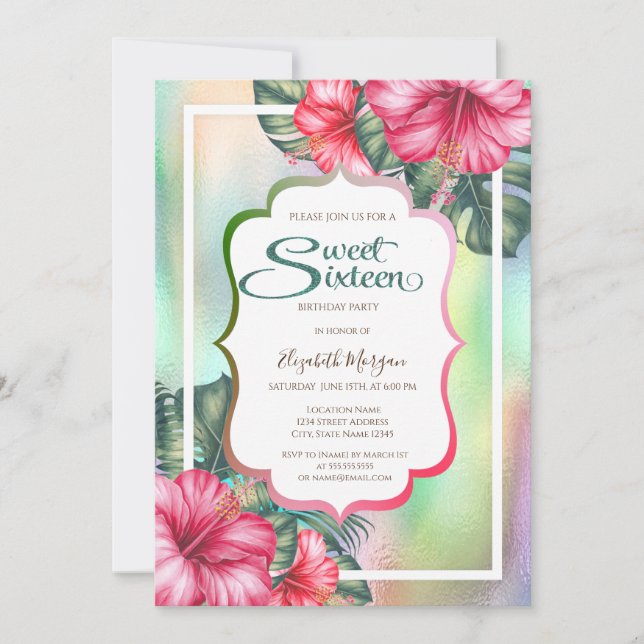 Hibiscus Frame Holographic Sweet 16 Invitation (Front)