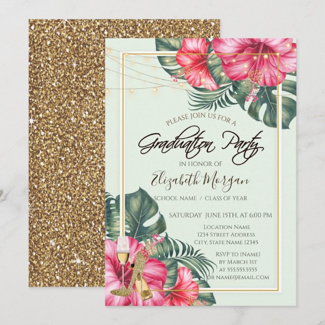 Hibiscus,Gold Heels Glitter Graduation Invitation (Front/Back)
