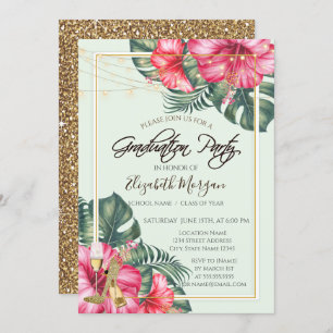 Hibiscus,Gold Heels Glitter Graduation Invitation