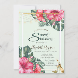 Hibiscus,Gold Heels Glitter Sweet 16 Invitation