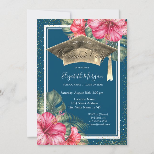 Hibiscus,Graduation Cap Blue Graduation Party Invitation (Front)