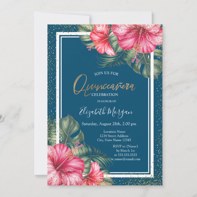 Hibiscus,Graduation Cap Blue Quinceañera Invitation (Front)