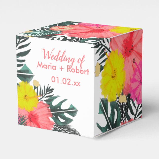 Hibiscus Hawaii Tropical Hand Drawn Bright Wedding Favor Boxes (Front Side)