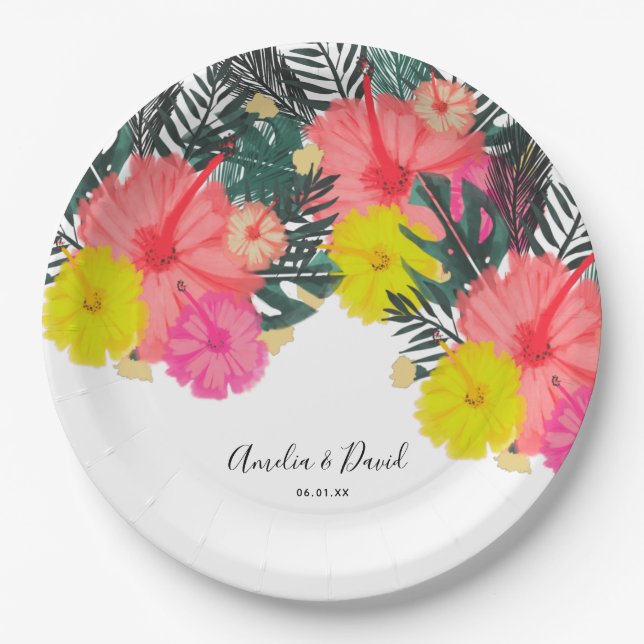 Hibiscus Hawaii Tropical Hand Drawn Bright Wedding Paper Plates (Front)