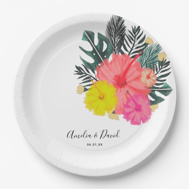 Hibiscus Hawaii Tropical Hand Drawn Floral Wedding Paper Plates (Front)