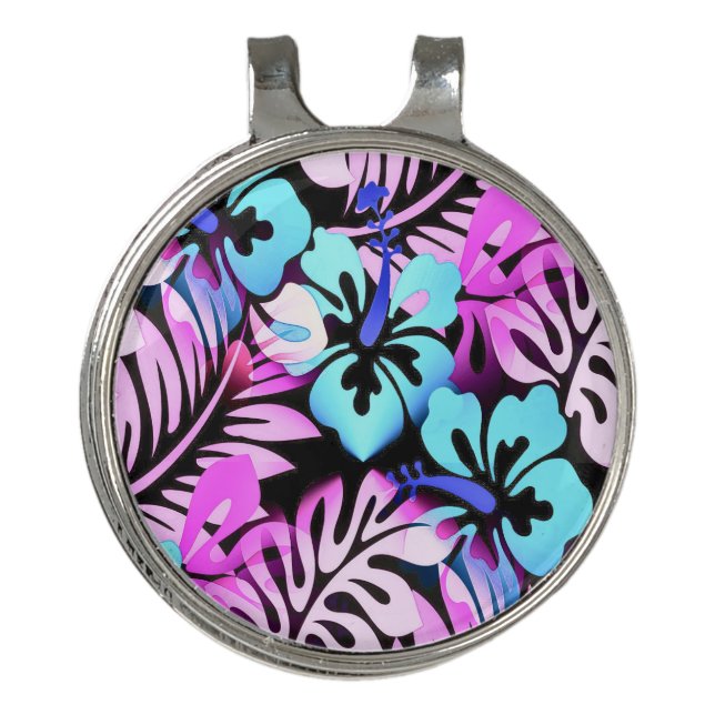 Hibiscus Hawaiian Flower Pattern Tropical Pink Blu Golf Hat Clip (Front)