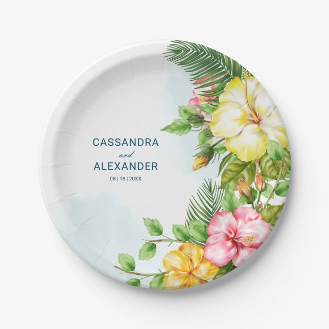 Hibiscus Hawaiian Tropical Floral Wedding Paper Plates (Front)