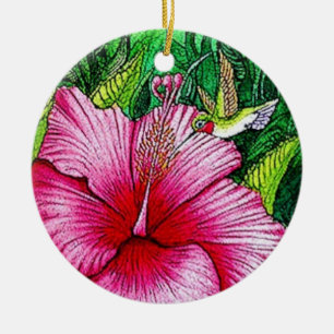 Hibiscus Hummingbird Ceramic Ornament
