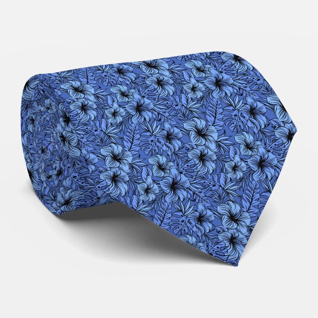 Hibiscus in Blue Pattern Neck Tie (Rolled)
