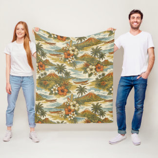 Hibiscus Island Hawaiian Scenic - Gold and Orange Fleece Blanket