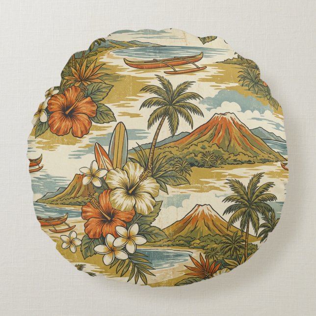 Hibiscus Island Hawaiian Scenic - Gold and Orange Round Pillow (Front)