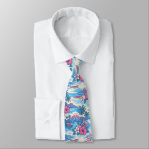 Hibiscus Island Hawaiian Scenic - Pink and Blue Neck Tie