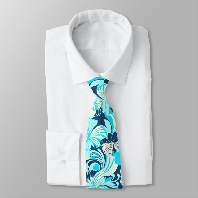 Hibiscus Jungle Floral Hawaiian Two-sided Printed Neck Tie (Tied)