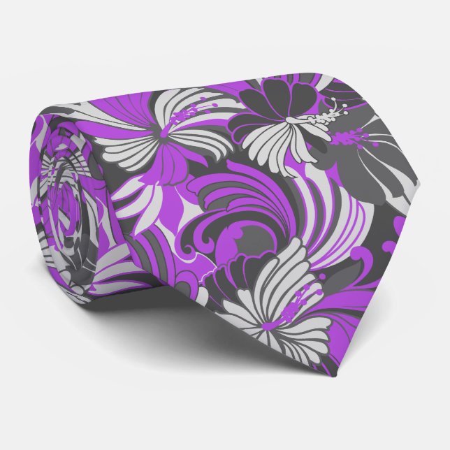 Hibiscus Jungle Floral Hawaiian Two-sided Printed Neck Tie (Rolled)