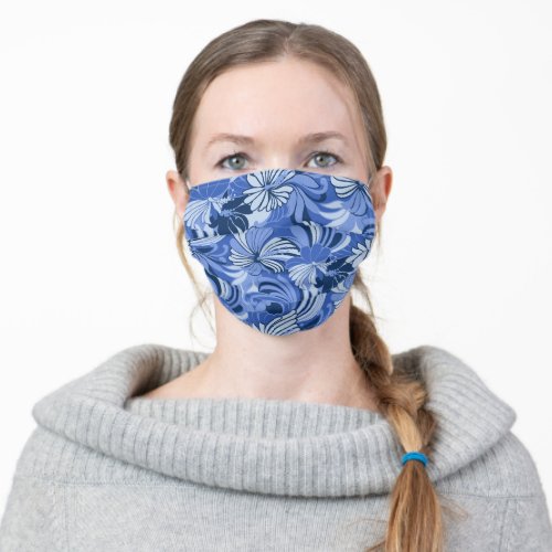 Hibiscus Jungle Hawaiian Tropical Floral _ Blue Adult Cloth Face Mask