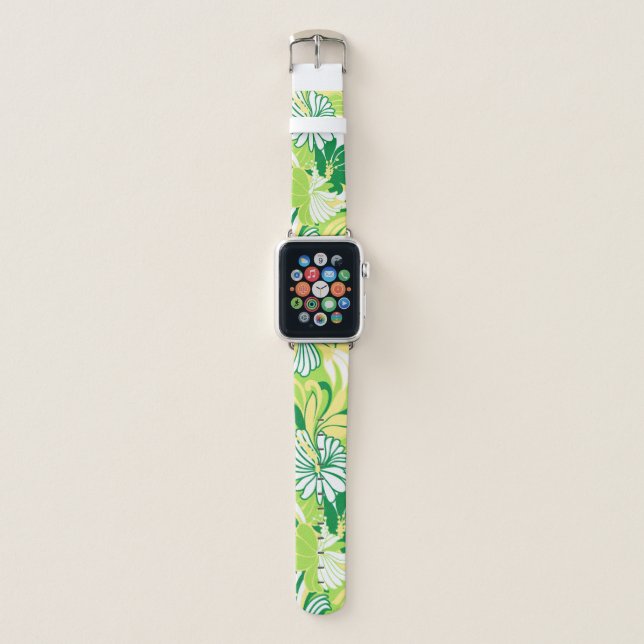 Hibiscus Jungle Hawaiian Tropical Floral - Green Apple Watch Band (Front)