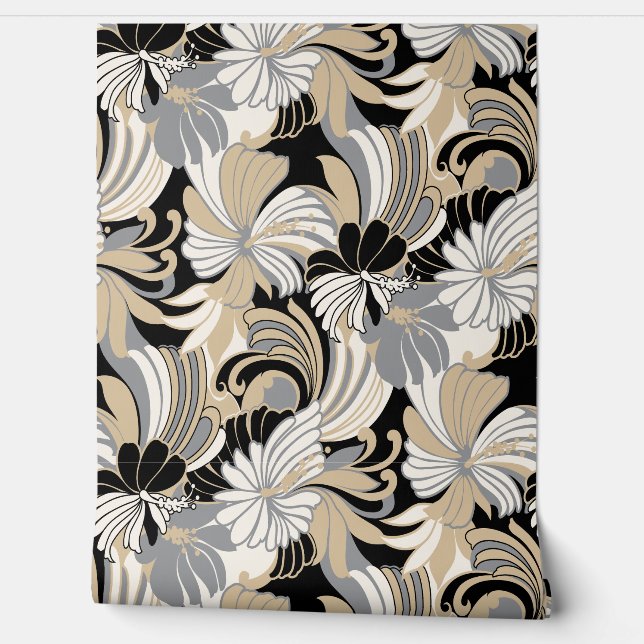 Hibiscus Jungle Hawaiian Tropical Floral - Neutral Wallpaper (Unrolling)