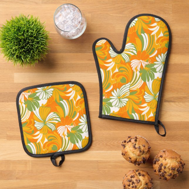 Hibiscus Jungle Hawaiian Tropical Floral Orange Oven Mitt & Pot Holder Set (Top Down)