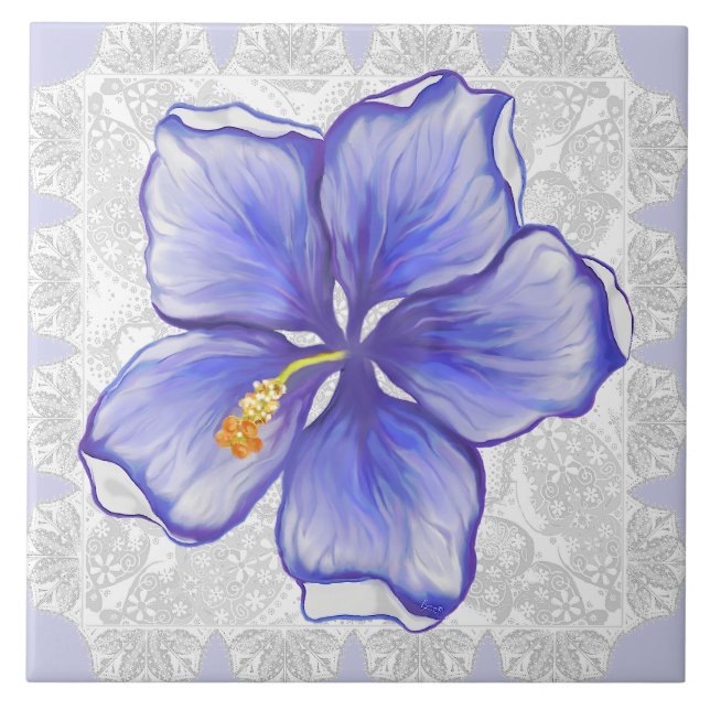 Hibiscus & lace BLUE Ceramic Tile (Front)
