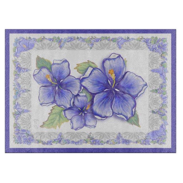 Hibiscus & lace BLUE Cutting Board (Front)