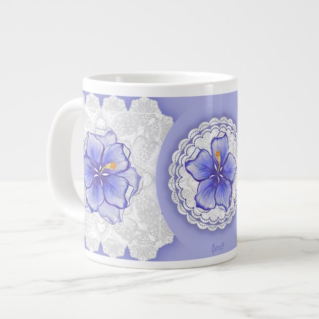 Hibiscus & lace BLUE Giant Coffee Mug (Front Left)